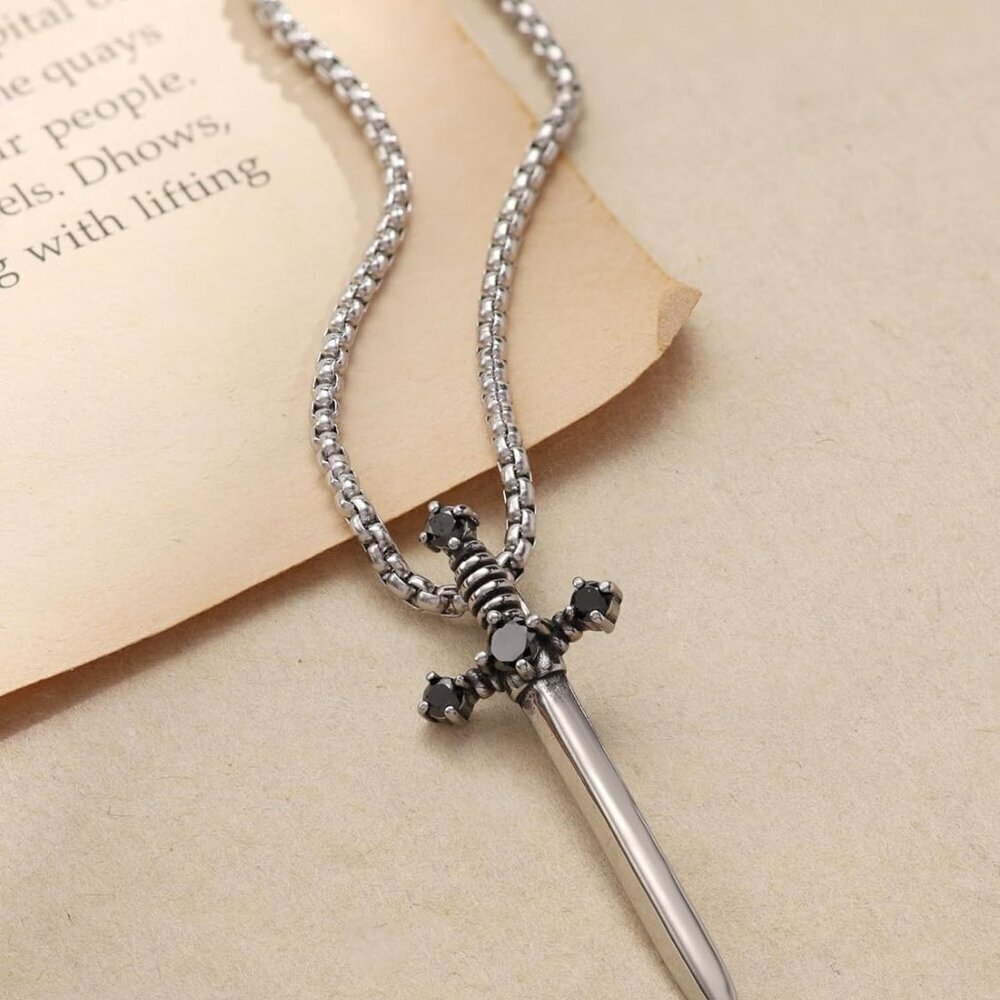 Gothic Silver-tone Sword Necklace Titanium Steel Punk Emo Gift for Women - Picture 7 of 7